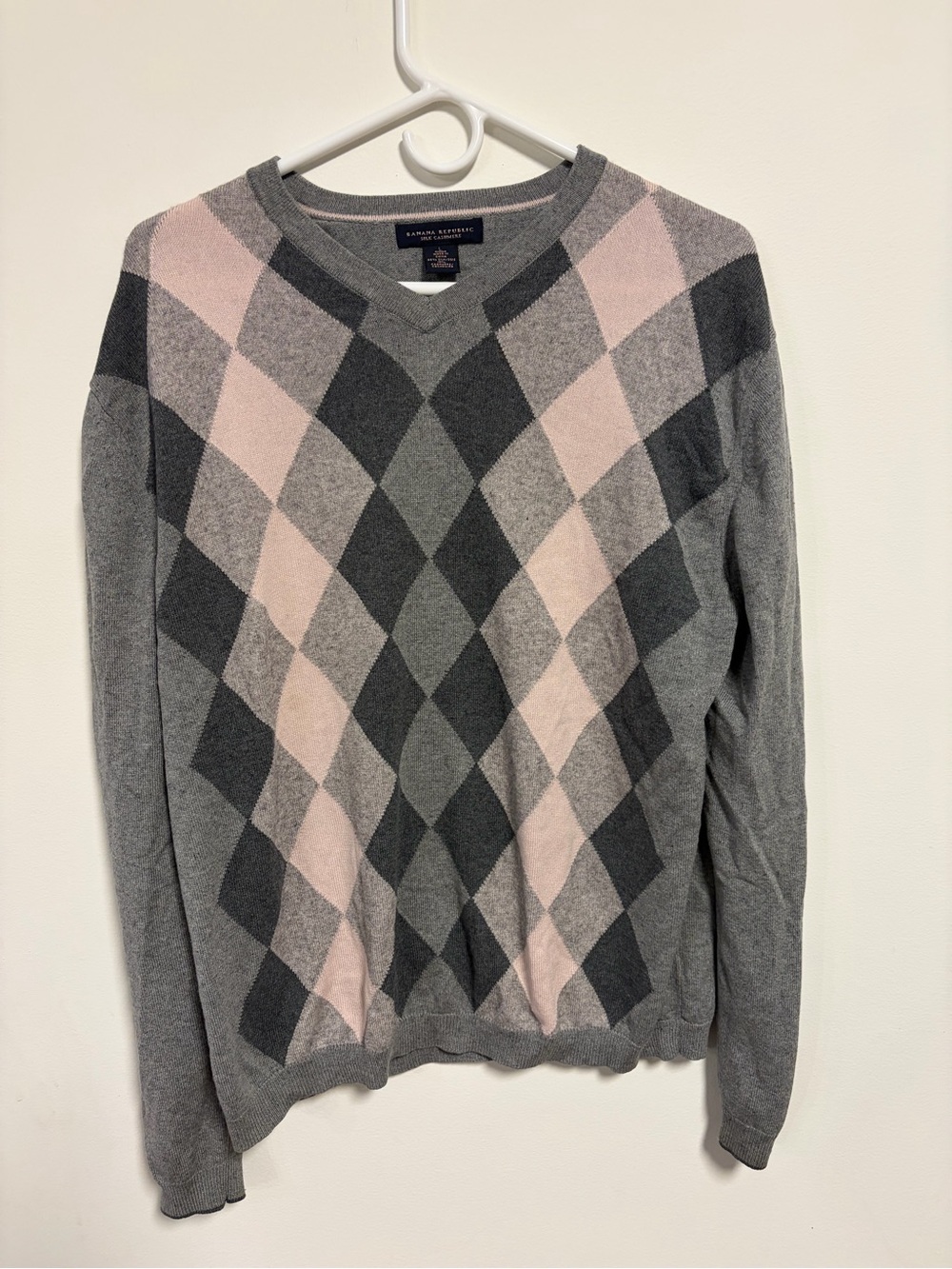 Banana Republic Mens Sweater Silk Cashmere Argyle Gray Pink Sz Large Elbow Patch